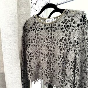 Xenia Boutique Khaki Long Sleeve Crochet Beach Cover Up Top